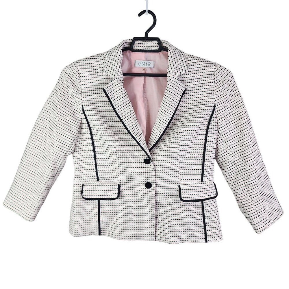 Womens Kasper Tweed Blazer Jacket Pink Black White Print 2 Button Size 8